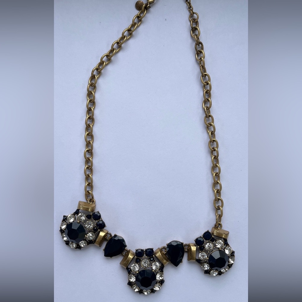 J. CREW  Blue rhinestone Statement 21” necklace Gold Tone